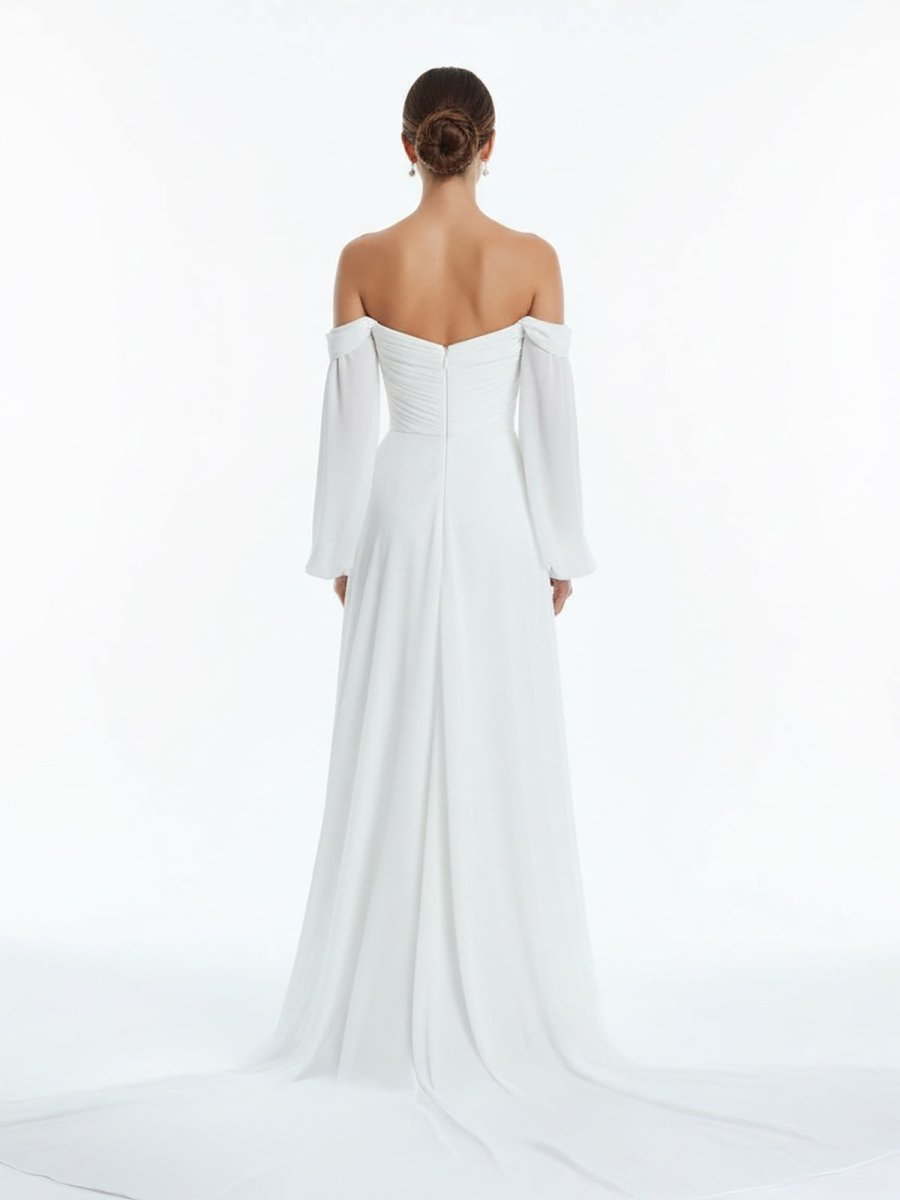 Aisling | A - Line Sweetheart Long Sleeves Chiffon Sweep Train Wedding Dress - KissProm
