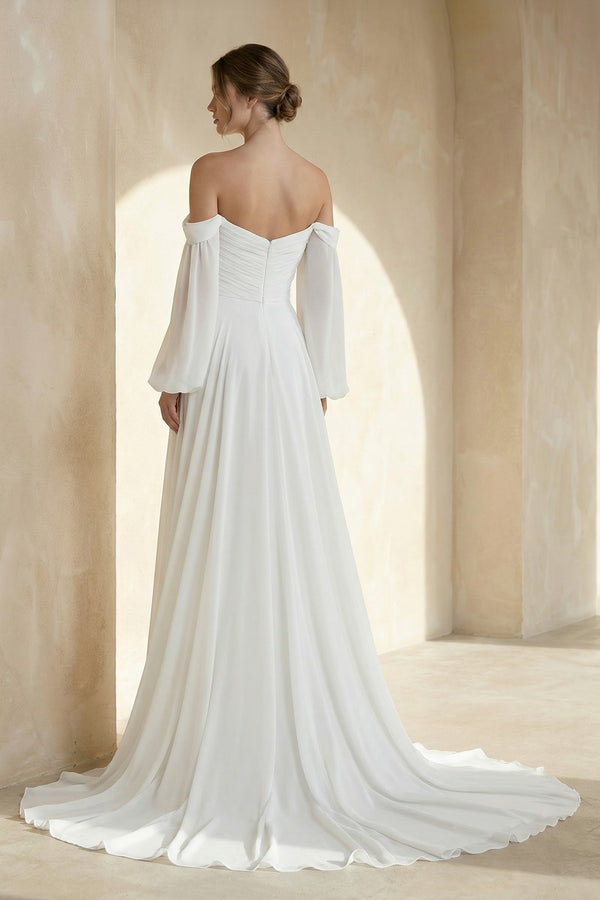 Aisling | A - Line Sweetheart Long Sleeves Chiffon Sweep Train Wedding Dress– Wedding Dresses by KissProm | Available at KissProm