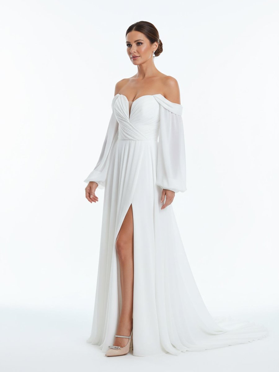 Aisling | A - Line Sweetheart Long Sleeves Chiffon Sweep Train Wedding Dress - KissProm