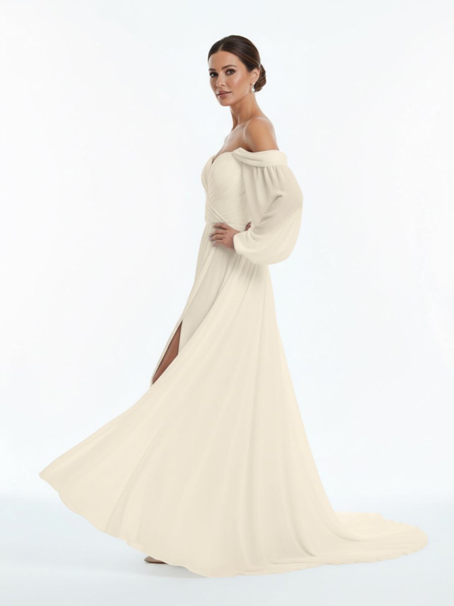 Aisling | A - Line Sweetheart Long Sleeves Chiffon Sweep Train Wedding Dress - KissProm