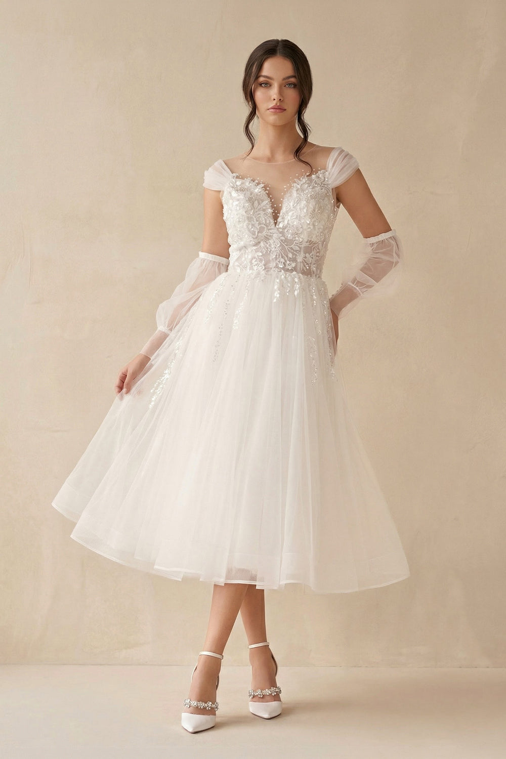 KissProm A-Line Sweetheart Long Sleeves Elegant Tulle Wedding Dresses With Appliques Lace, Diamond White / 6