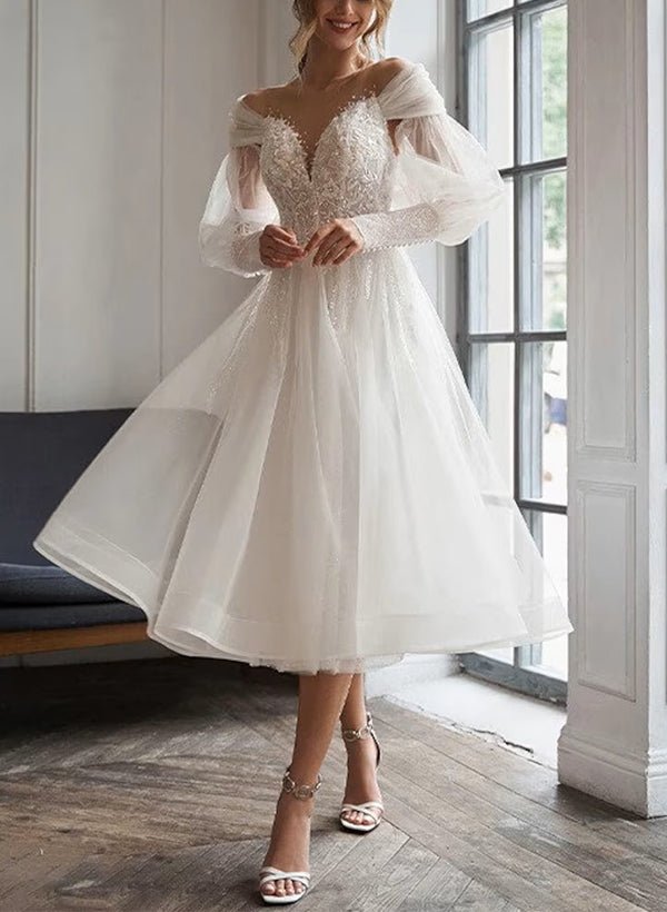 A-Line Sweetheart Long Sleeves Elegant Tulle Wedding Dresses With Appliques Lace, Diamond White / 6 A-Line Sweetheart Long Sleeves Elegant Tulle Wedding Dresses With Appliques Lace, Diamond White / 6