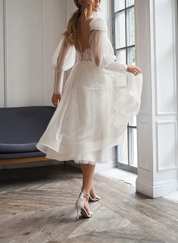 A-Line Sweetheart Long Sleeves Elegant Tulle Wedding Dresses With Appl