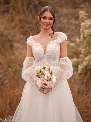 A-Line Sweetheart Long Sleeves Elegant Tulle Wedding Dresses With Appliques Lace