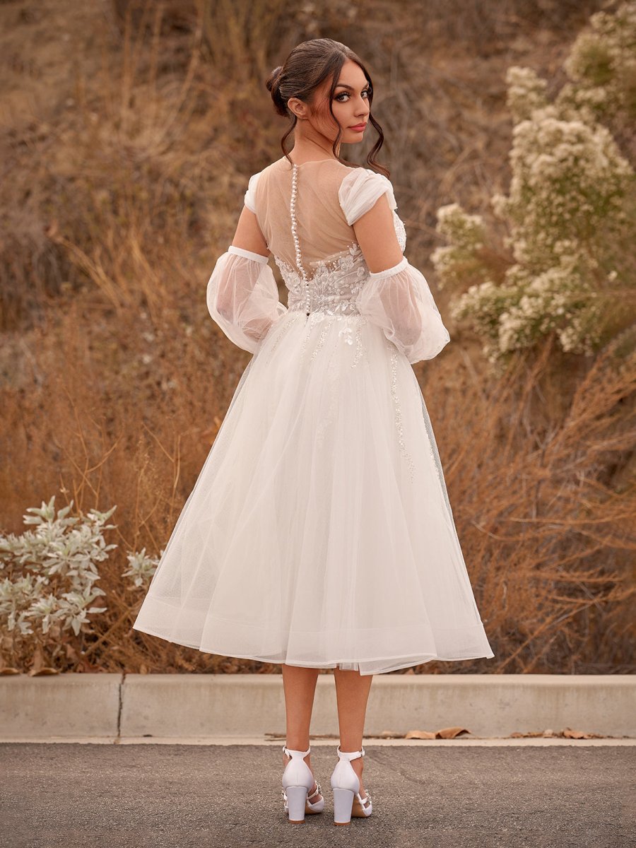 navy blue dress for baby girl T232058X Romantic Tulle Boho A-line Gown with Lace Cotton Sweetheart Bodice  and Deatachable Long Tulle Bubble Sleeves main image 0