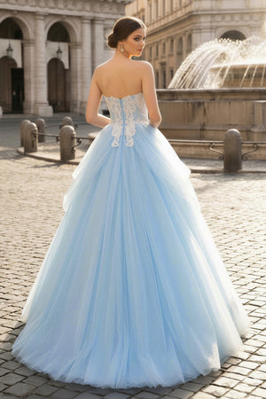 A-Line Lace Sweetheart Neck Blue Long Prom Dress