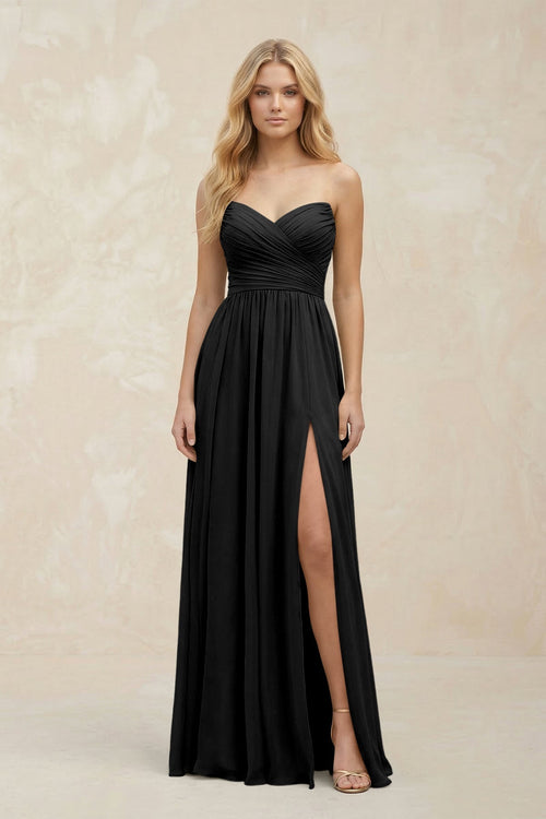 A - Line Sweetheart Pleated Chiffon Bridesmaid Dress in Black - KissProm Bridesmaid Dresses