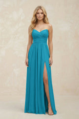 A - Line Sweetheart Pleated Chiffon Bridesmaid Dress in Blue Jay - KissProm Bridesmaid Dresses