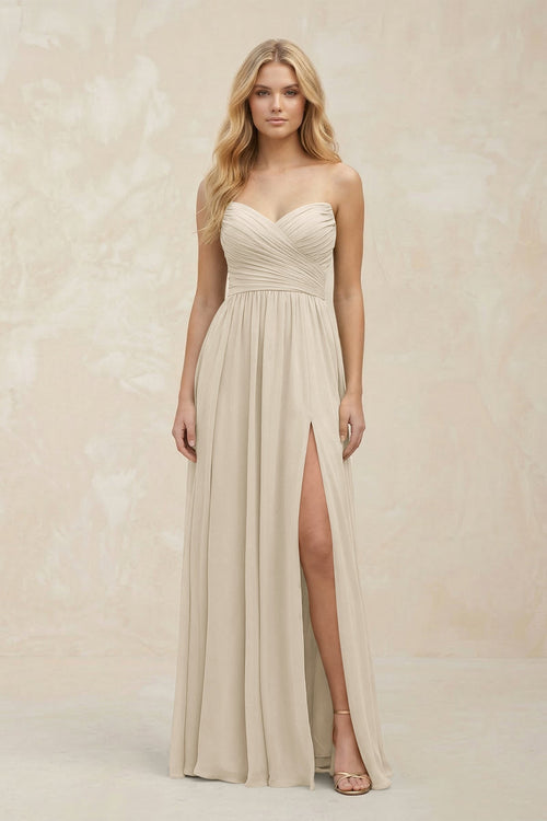 A - Line Sweetheart Pleated Chiffon Bridesmaid Dress in Champagne - KissProm Bridesmaid Dresses