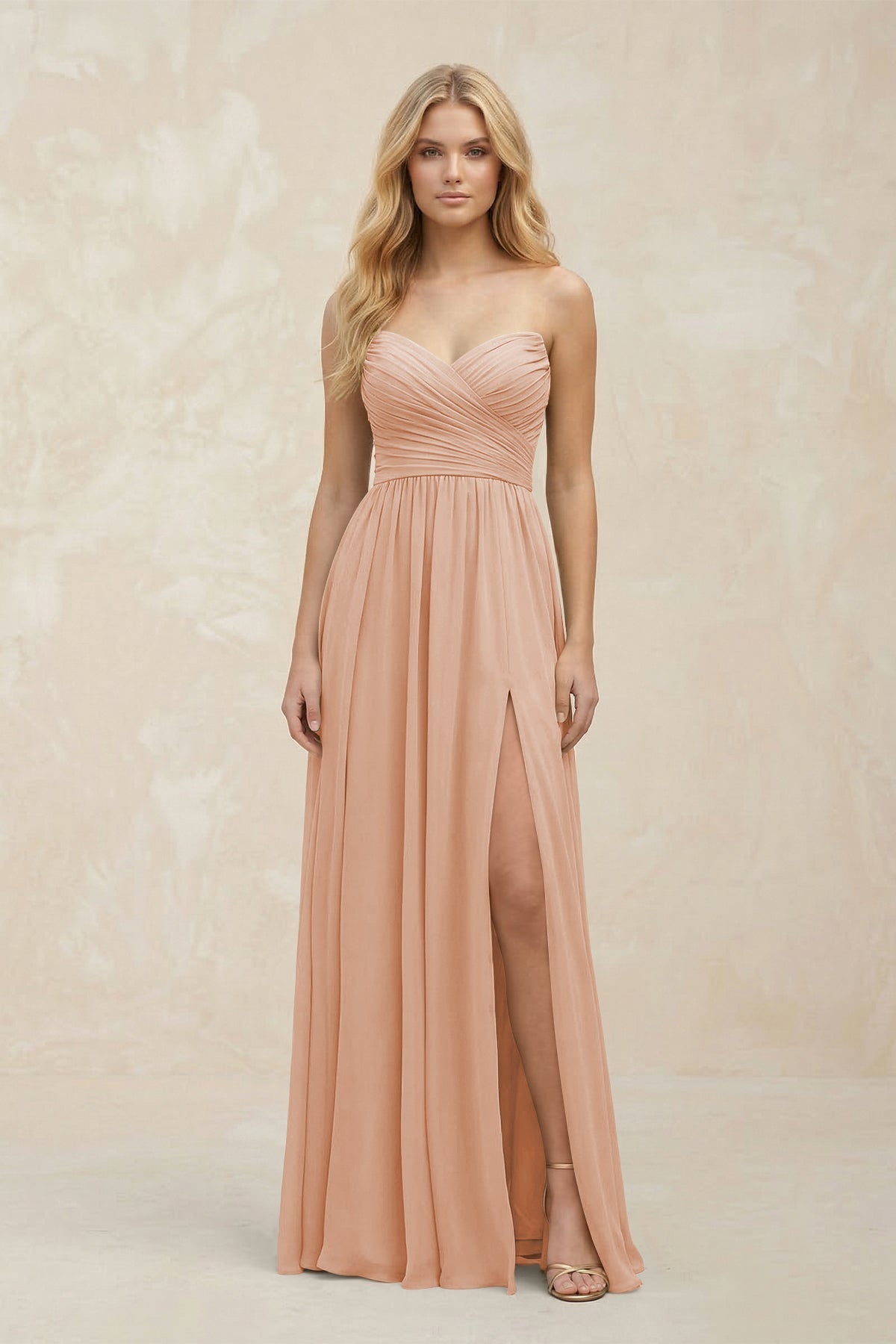 KissProm A-Line Sweetheart Pleated Chiffon Bridesmaid Dress in Champagne Rose, Champagne Rose / 30