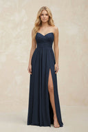 A - Line Sweetheart Pleated Chiffon Bridesmaid Dress in Dark Navy - KissProm Bridesmaid Dresses