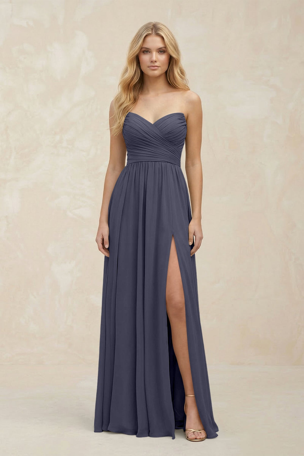 A - Line Sweetheart Pleated Chiffon Bridesmaid Dress in Dusk Blue - KissProm Bridesmaid Dresses