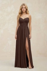 A - Line Sweetheart Pleated Chiffon Bridesmaid Dress in Espresso - KissProm Bridesmaid Dresses