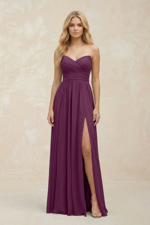 A - Line Sweetheart Pleated Chiffon Bridesmaid Dress in Fig - KissProm Bridesmaid Dresses