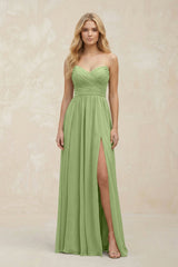 A - Line Sweetheart Pleated Chiffon Bridesmaid Dress in Matcha - KissProm Bridesmaid Dresses
