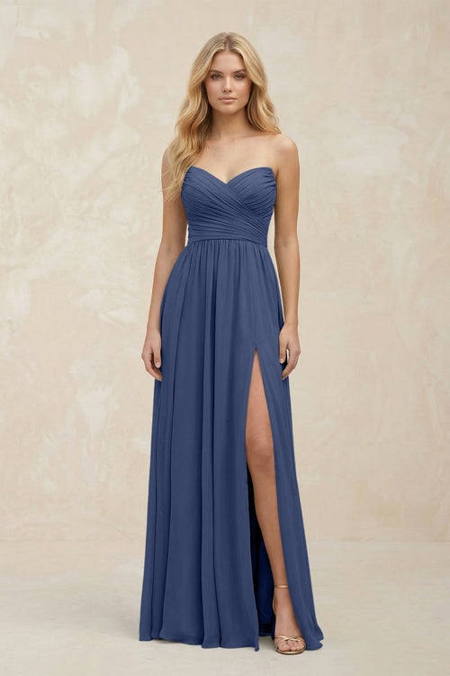 A - Line Sweetheart Pleated Chiffon Bridesmaid Dress in Navy - KissProm Bridesmaid Dresses