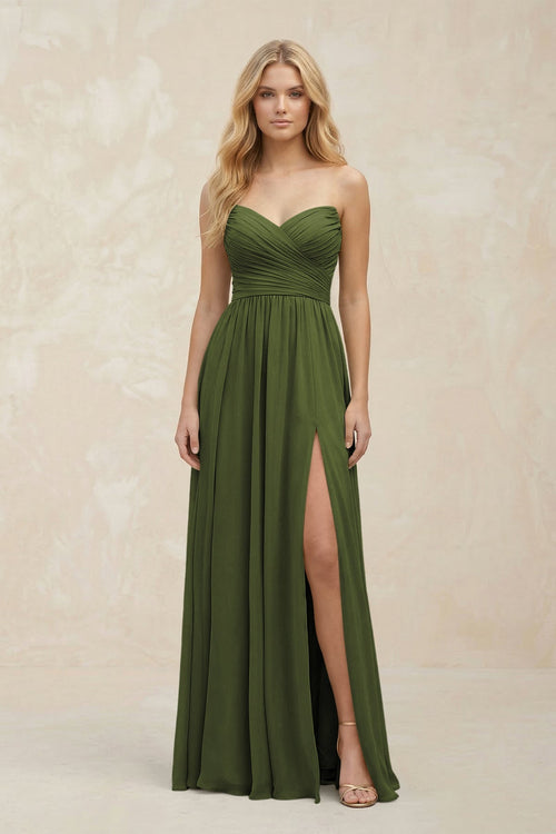 A - Line Sweetheart Pleated Chiffon Bridesmaid Dress in Olive - KissProm Bridesmaid Dresses