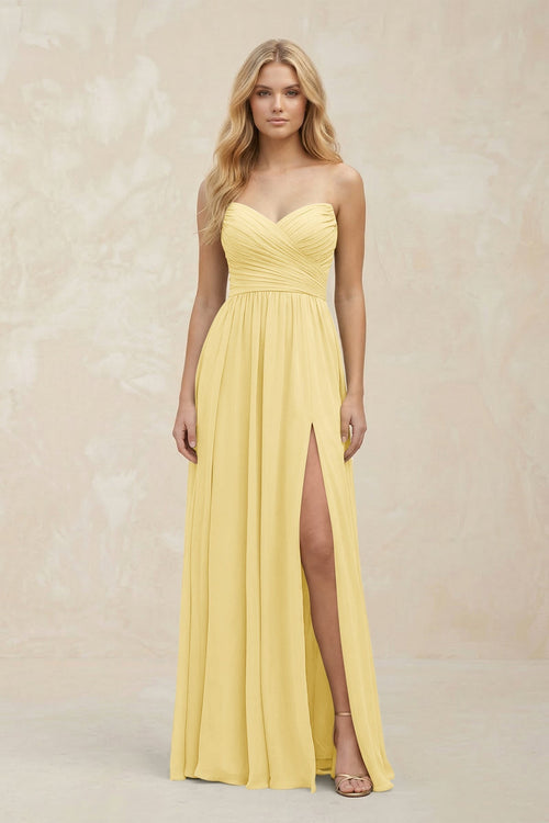 A - Line Sweetheart Pleated Chiffon Bridesmaid Dress in Pastel Yellow - KissProm Bridesmaid Dresses