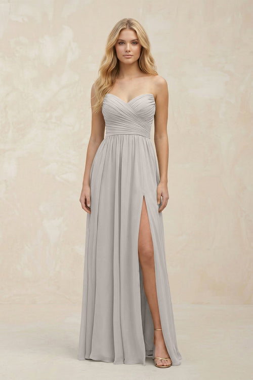 A - Line Sweetheart Pleated Chiffon Bridesmaid Dress in Silver - KissProm Bridesmaid Dresses