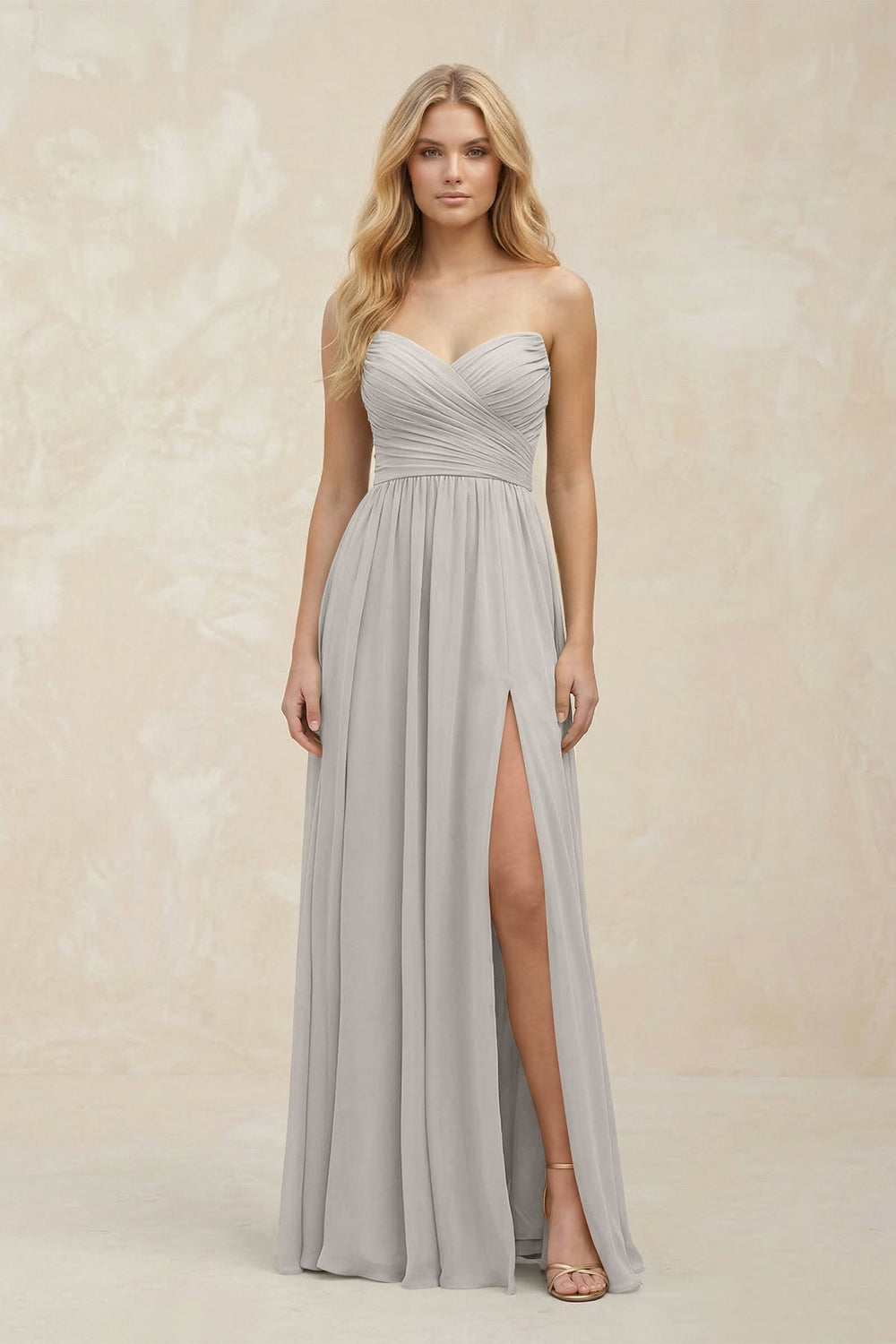 A - Line Sweetheart Pleated Chiffon Bridesmaid Dress in Silver - KissProm Bridesmaid Dresses