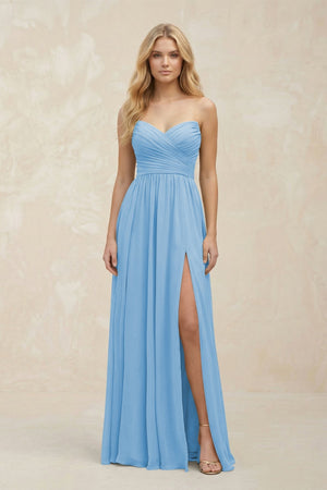 A - Line Sweetheart Pleated Chiffon Bridesmaid Dress in Steel Blue - KissProm Bridesmaid Dresses