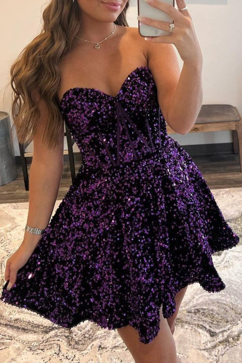 A Line Sweetheart Purple Sequins Short Homecoming Dress
