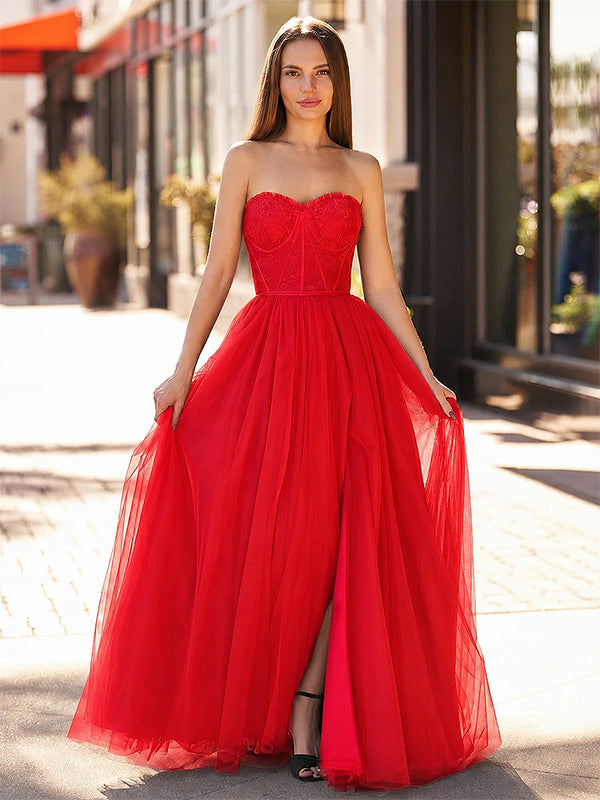 A Line Sweetheart Corset Tulle Prom Dress with Slit - KissProm