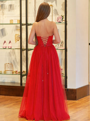 A Line Sweetheart Corset Tulle Prom Dress with Slit - KissProm