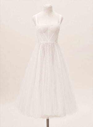 A-Line Sweetheart Sleeveless Tulle Tea-Length Wedding Dresses With Pleated