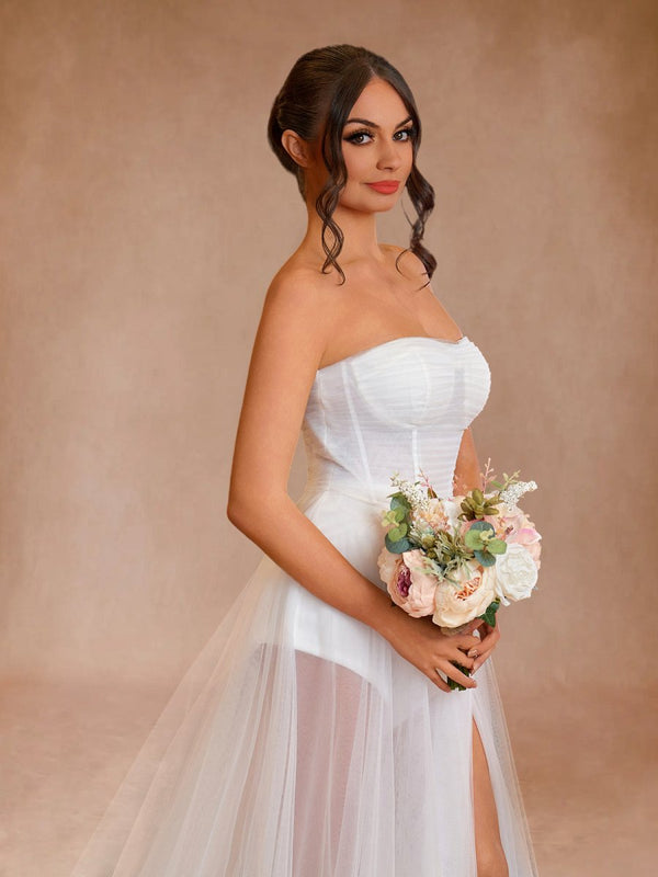 A-line Sweetheart Tulle High Split Bohemian Wedding Dresses