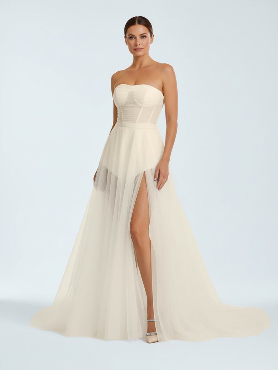 A-line Sweetheart Tulle High Split Bohemian Wedding Dresses A-line Sweetheart Tulle High Split Bohemian Wedding Dresses