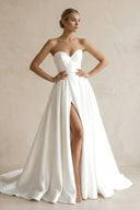 A - Line Sweetheart White Satin Wedding Dresses With Slit - KissProm Wedding Dresses