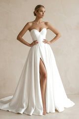A - Line Sweetheart White Satin Wedding Dresses With Slit - KissProm Wedding Dresses