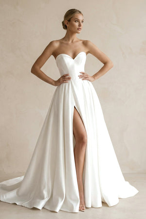 A - Line Sweetheart White Satin Wedding Dresses With Slit - KissProm Wedding Dresses