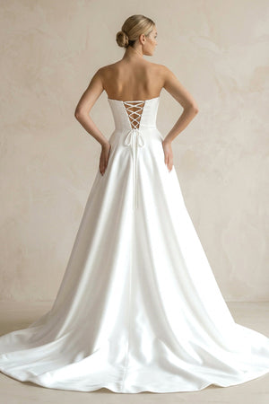 A - Line Sweetheart White Satin Wedding Dresses With Slit - KissProm Wedding Dresses