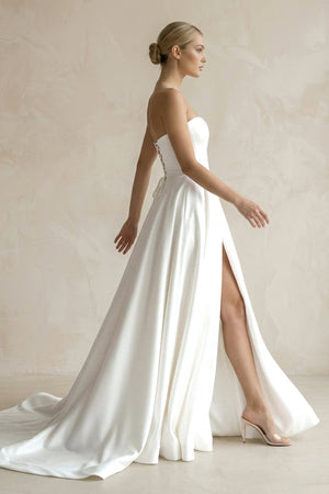 A - Line Sweetheart White Satin Wedding Dresses With Slit - KissProm Wedding Dresses