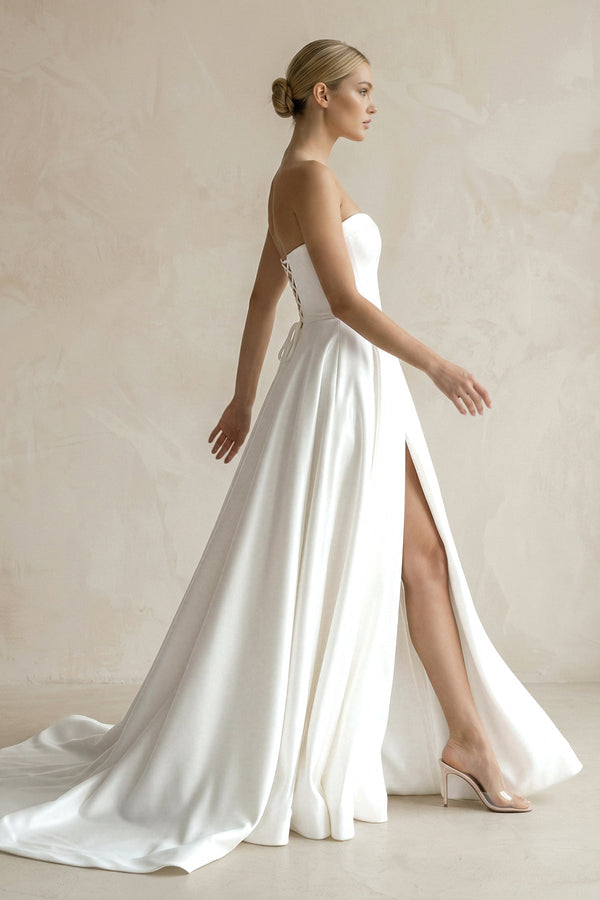 A - Line Sweetheart White Satin Wedding Dresses With Slit - KissProm Wedding Dresses