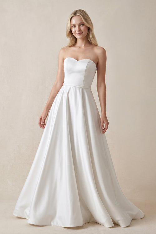 A-Line Sweetheart White Satin Wedding Dresses - KissProm
