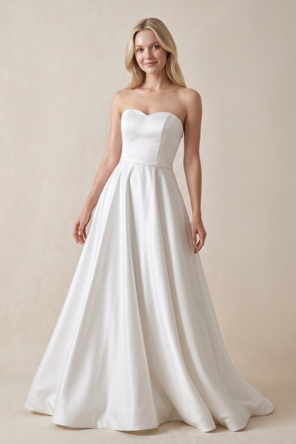 KissProm A-Line Sweetheart White Satin Wedding Dresses, Diamond White / 12