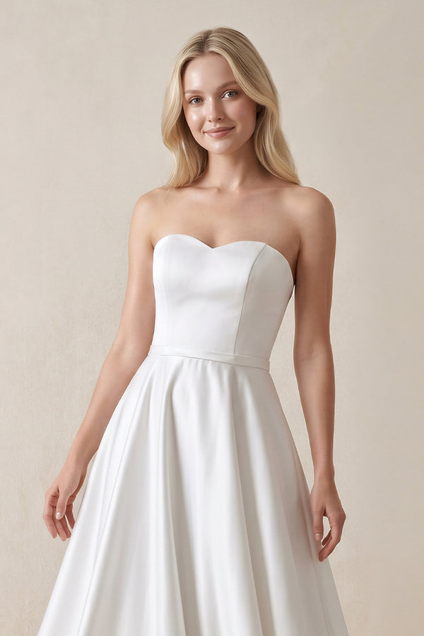 A-Line Sweetheart White Satin Wedding Dresses - KissProm