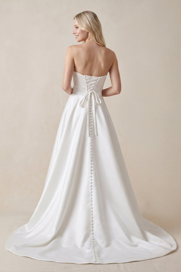 A-Line Sweetheart White Satin Wedding Dresses - KissProm