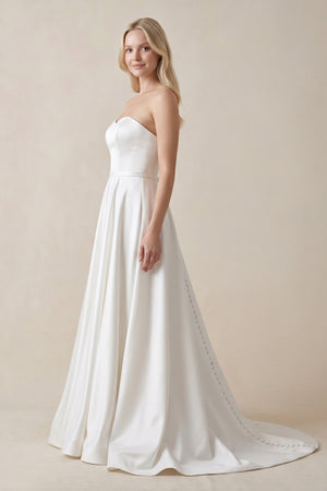 A-Line Sweetheart White Satin Wedding Dresses - KissProm