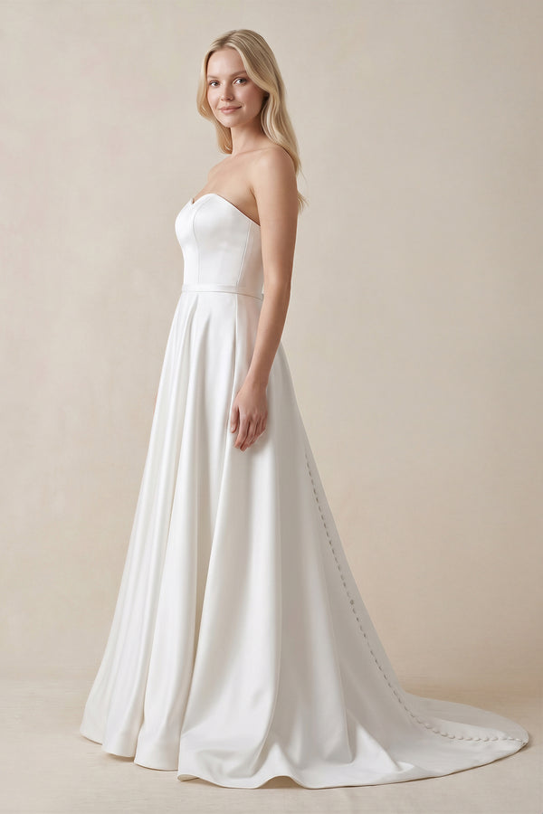 A-Line Sweetheart White Satin Wedding Dresses - KissProm
