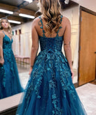 Veronica |A Line Ink Blue Glitter Tulle Lace Prom Dress