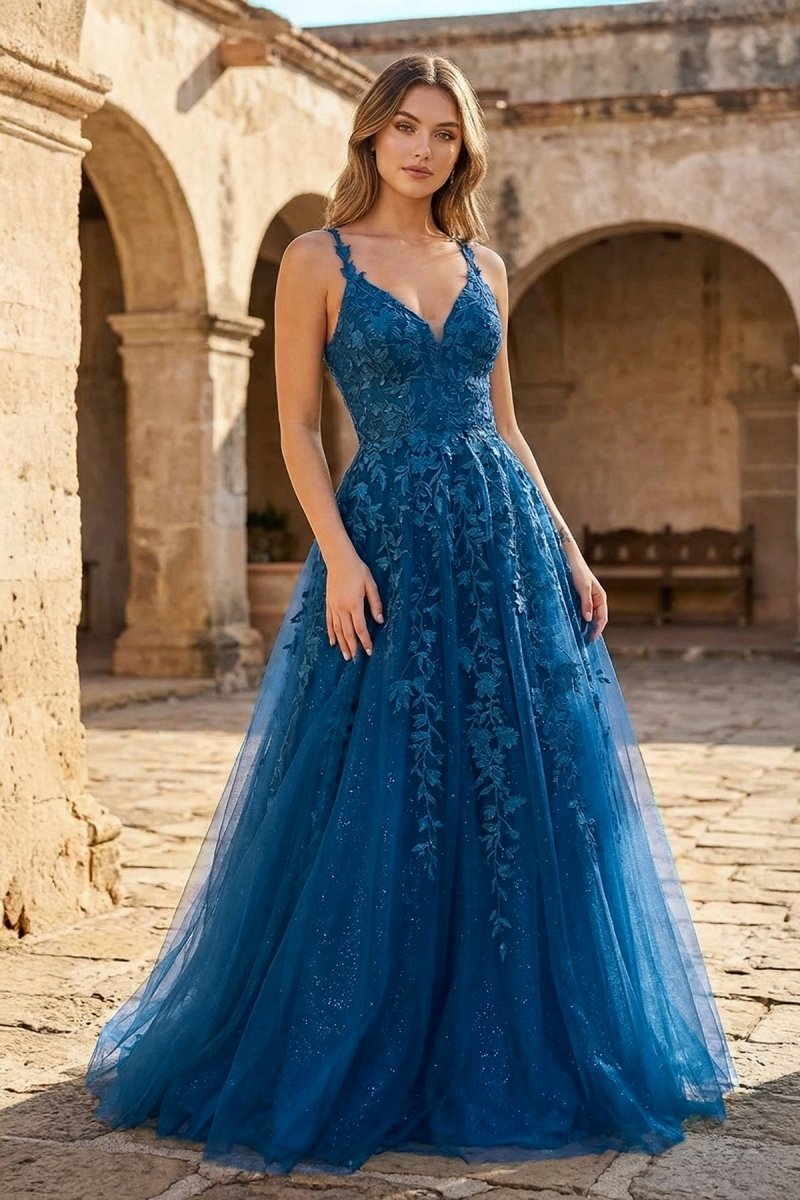 A Line Ink Blue Glitter Tulle Lace Prom Dress - KissProm