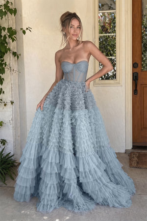Kaia |A Line Sweetheart Tiered Ruffled Tulle Long Prom Dress