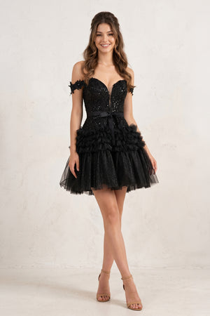A Line Tulle Tiered Short Homecoming Dress - KissProm