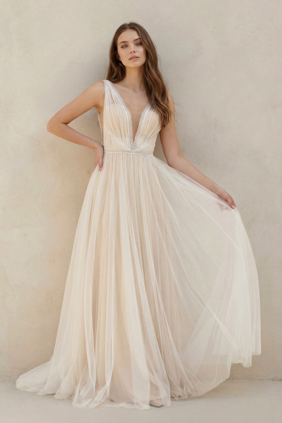 KissProm A-Line Tulle Gorgeous Deep V-Neck Open Back Double Layers Elegant Floor Length Long Dress With Sequin, White-Nude / 6