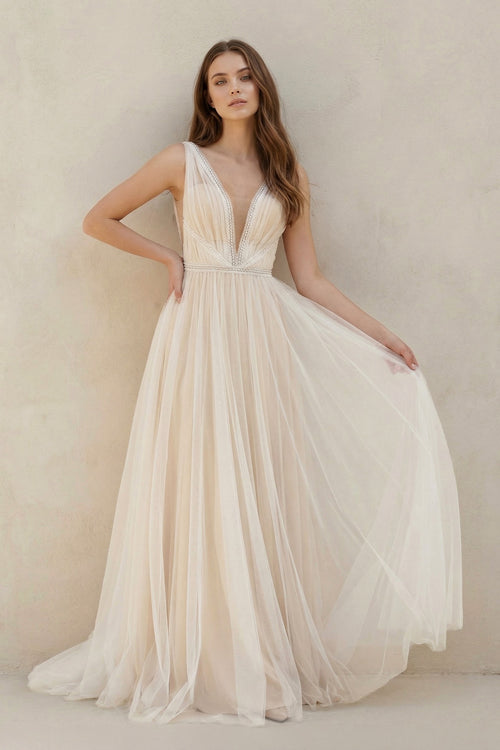 A-Line Tulle Gorgeous Deep V-Neck Open Back Double Layers Elegant Floor Length Long Dress With Sequin, White-Nude / 6 A-Line Tulle Gorgeous Deep V-Neck Open Back Double Layers Elegant Floor Length Long Dress With Sequin, White-Nude / 6