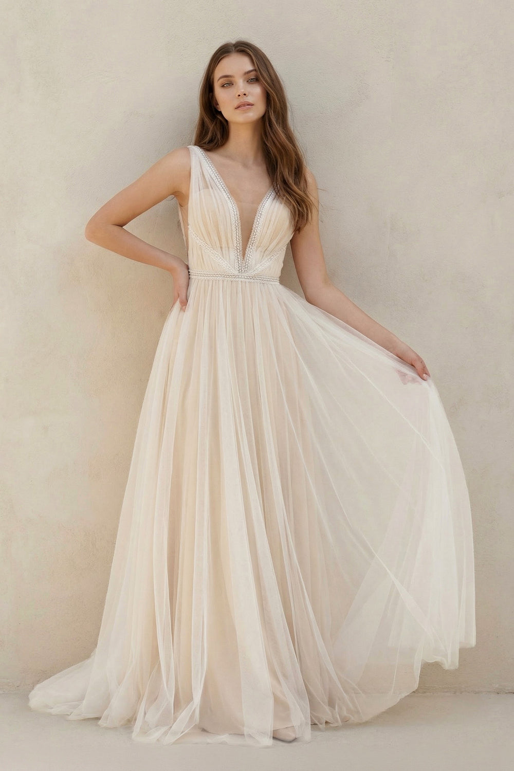 Saskia | A-Line Tulle Gorgeous Deep V-Neck Open Back Double Layers Elegant Floor Length Long Dress With Sequin– Wedding Dresses by KissProm | Available at KissProm